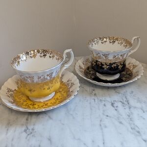 Royal Albert Regal Series Black & Yellow Fine Bone China Saucers And Teacups